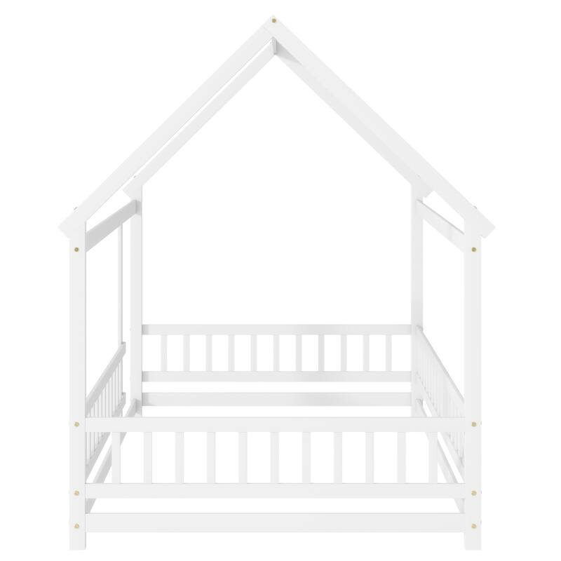 Full Size Wooden House Floor Bed with Roof Frame and Safety Guardrails, White