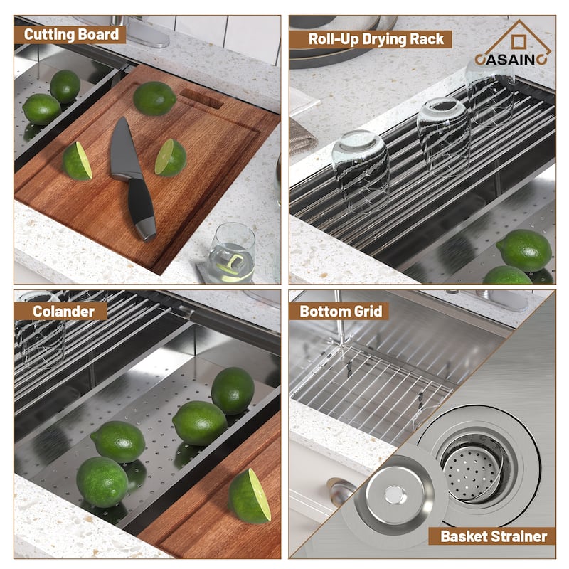 Undermount Single Bowl 18 Gauge Brushed Stainless Steel Workstation Kitchen Sink with Sliding-Accessories