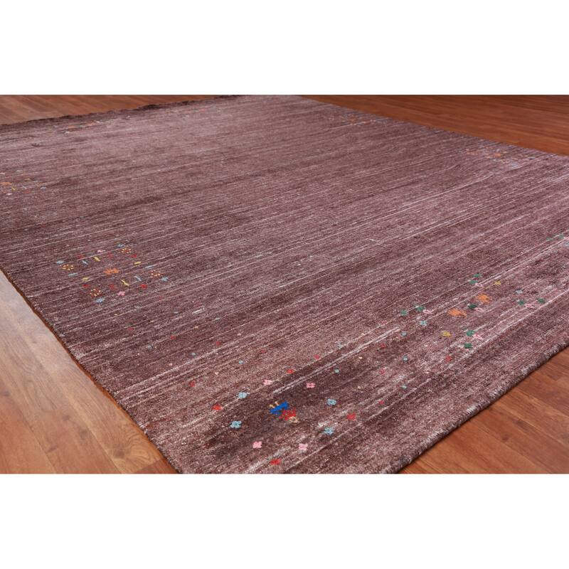 Hand Knotted Oriental Viscose Silk Carpet Tribal Stripe Brown Gabbeh Area Rug - 9' 10'' X 8' 2''