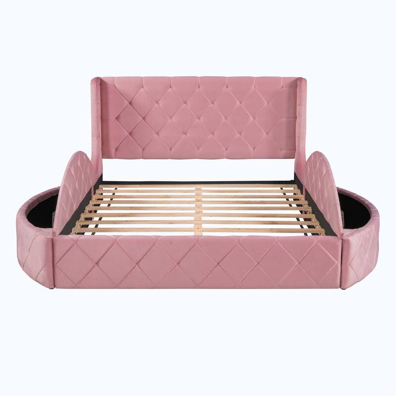 Queen Size Upholstered Platform Bed with Wingback Headboard and 1 Big Drawer,2 Side Storage Stool