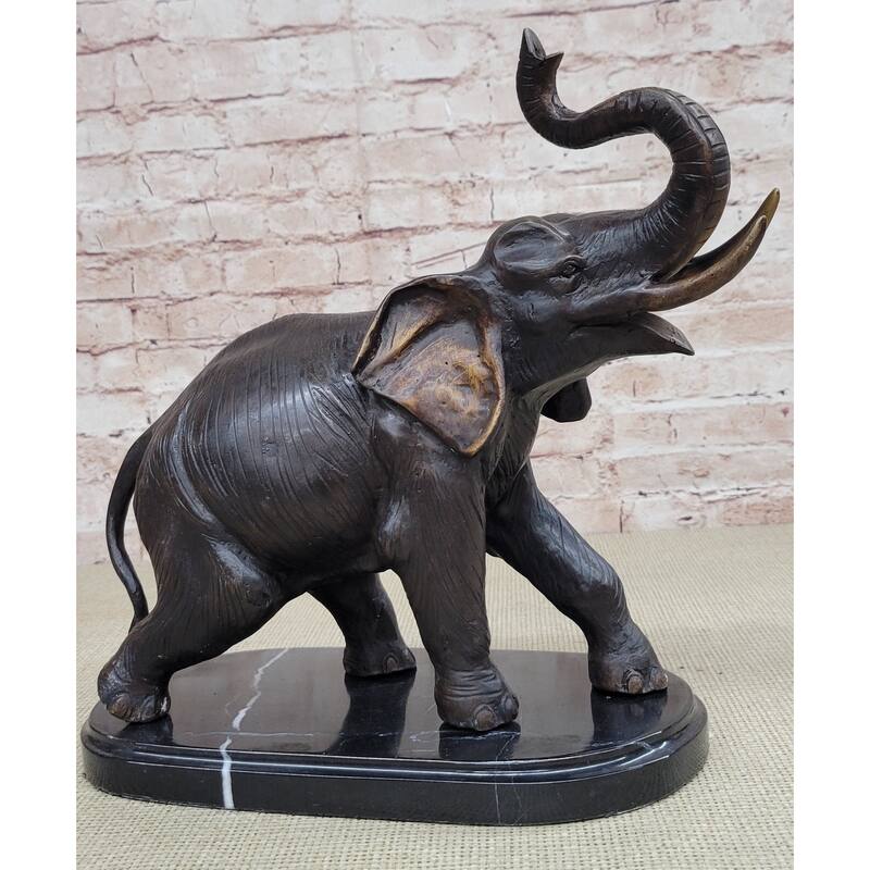 Handmade Bronze Elephant Sculpture Statue Collectible Marble Base Signed Moigniez 13 Inches X 16 Inches