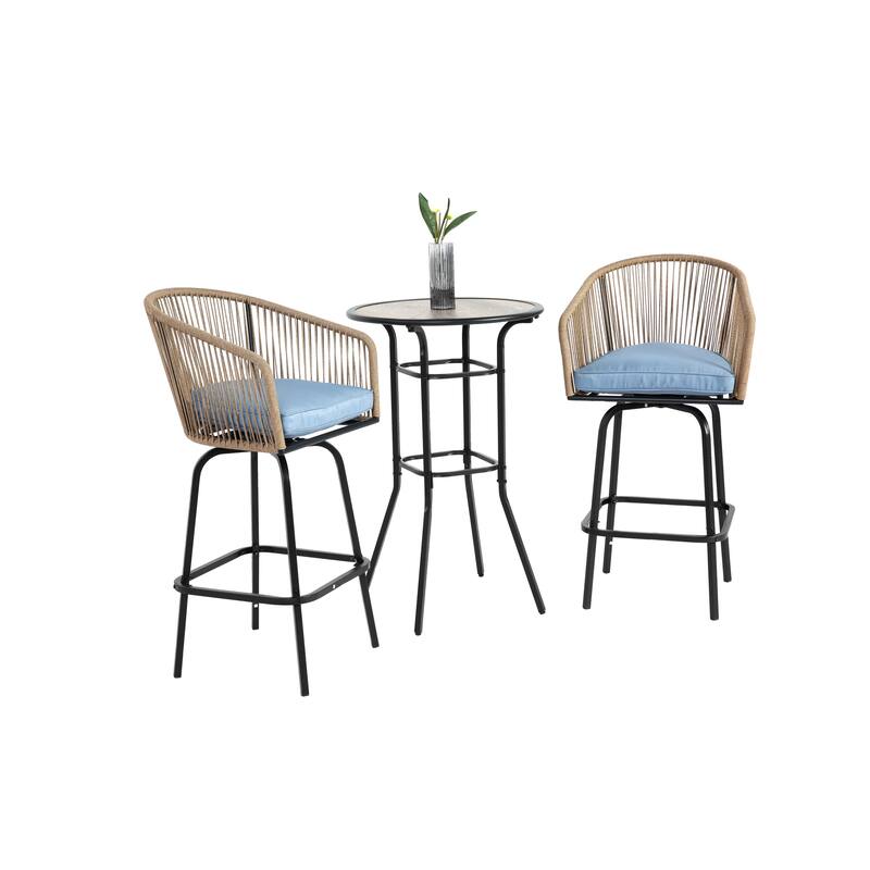 3pcs Outdoor Bar Set, Patio Bar Table and Chairs Set, Bar Height Patio Set - 2 x Swivel Bar Chairs , 1 x Round Bar Table - Blue