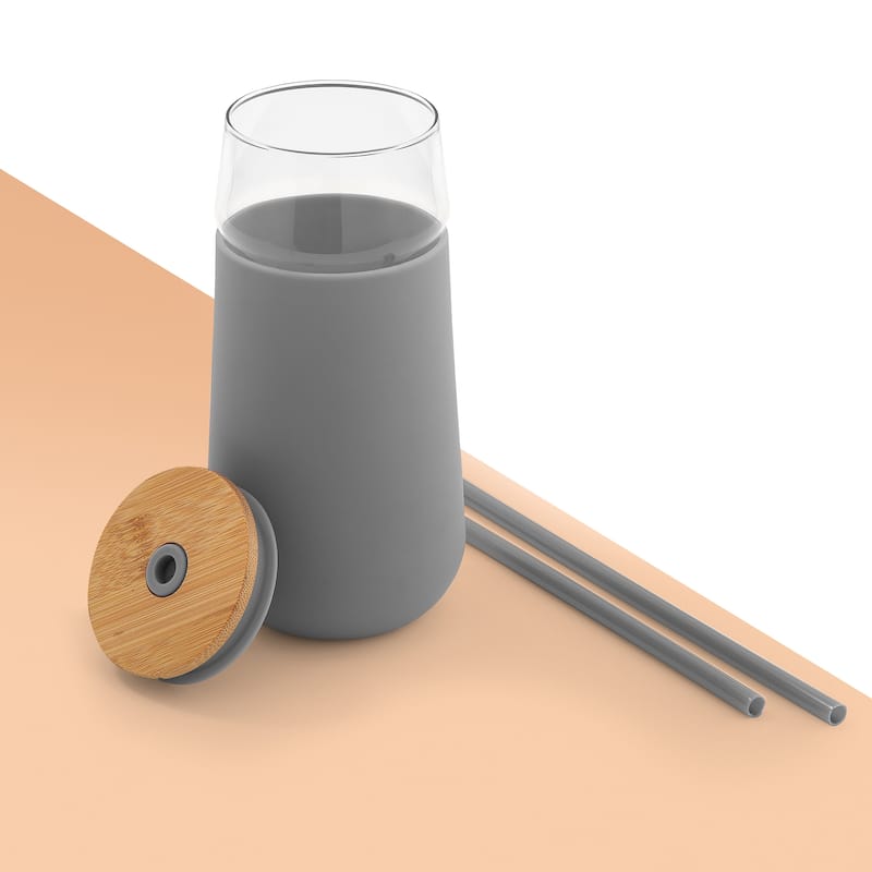 JoyJolt Glass Drinking Cup, Tumbler with Straw & Non Slip Silicone Sleeve - 20 oz - 20 oz