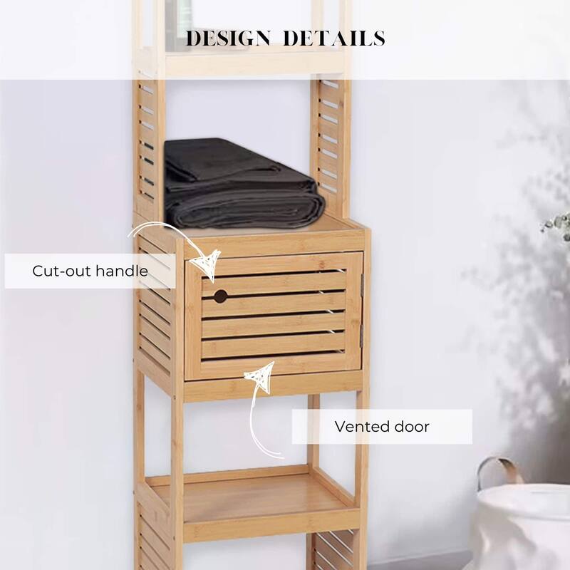 Tall Bathroom Storage Cabinet with Multiple Shelves and Vented Door, Natural - Trinidad Collection - 13 7/8"L x 10.4"W x 68"H