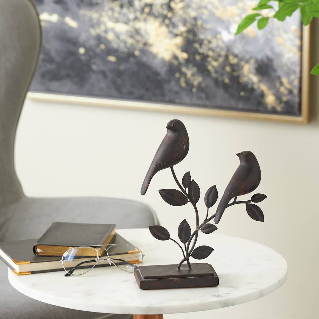 Black Polystone Perching Bird Decorative Sculpture with Leaf Vines and Copper Shading
