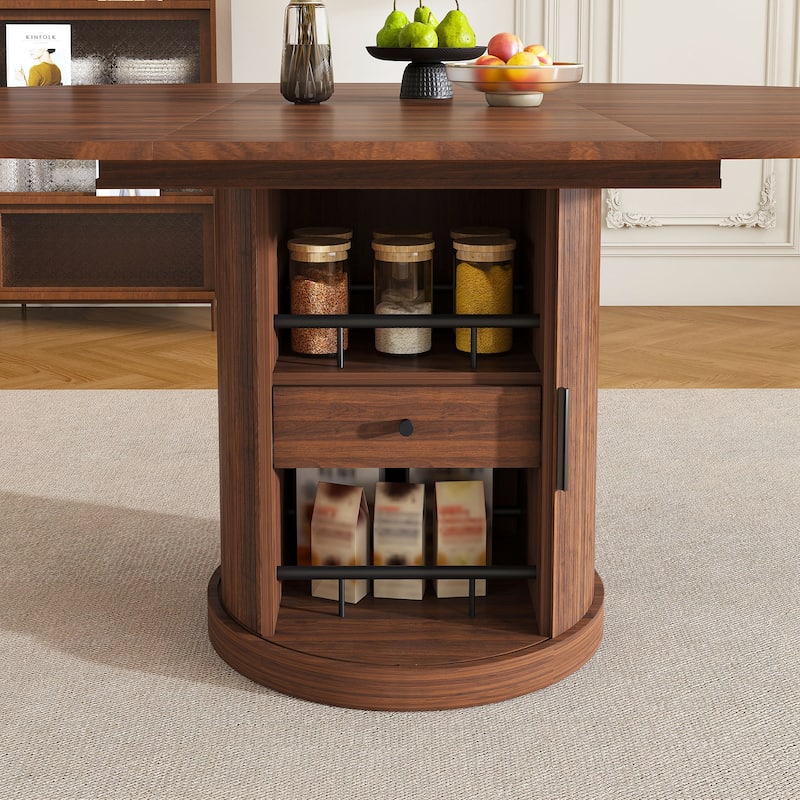 59" Extendable Oval Dining Table with 2-Tier Storage for 4-6, Walnut Finish & Pedestal Base