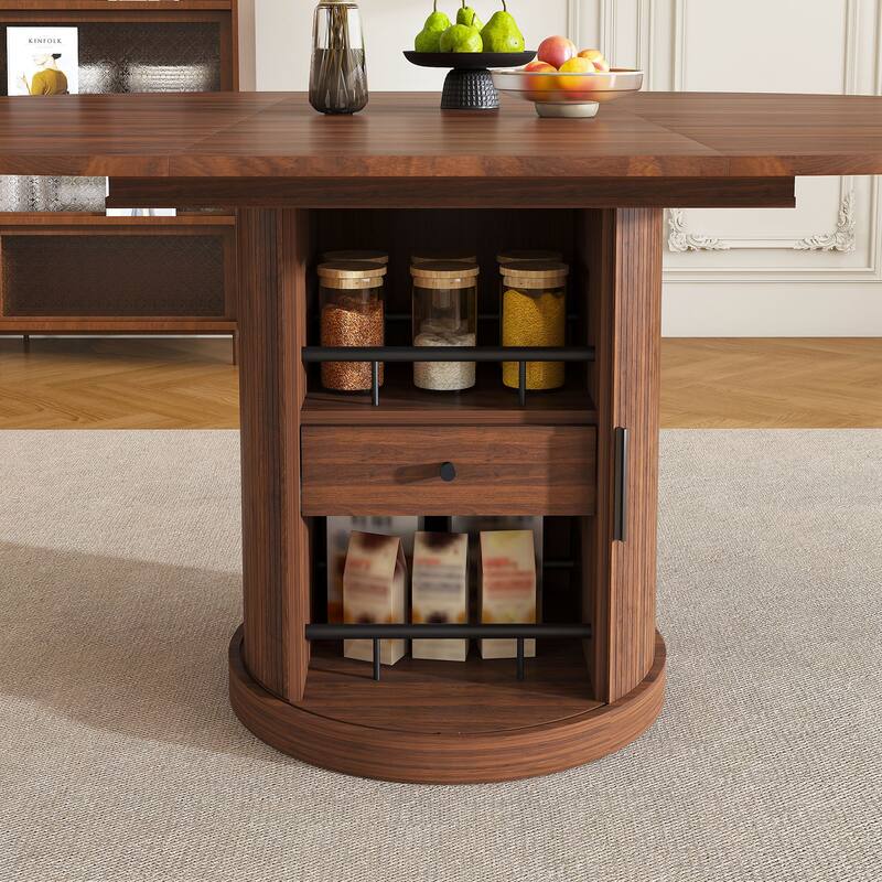 Anmytek Extendable Round Dining Table with Hidden Storage Walnut Pedestal Kitchen Table