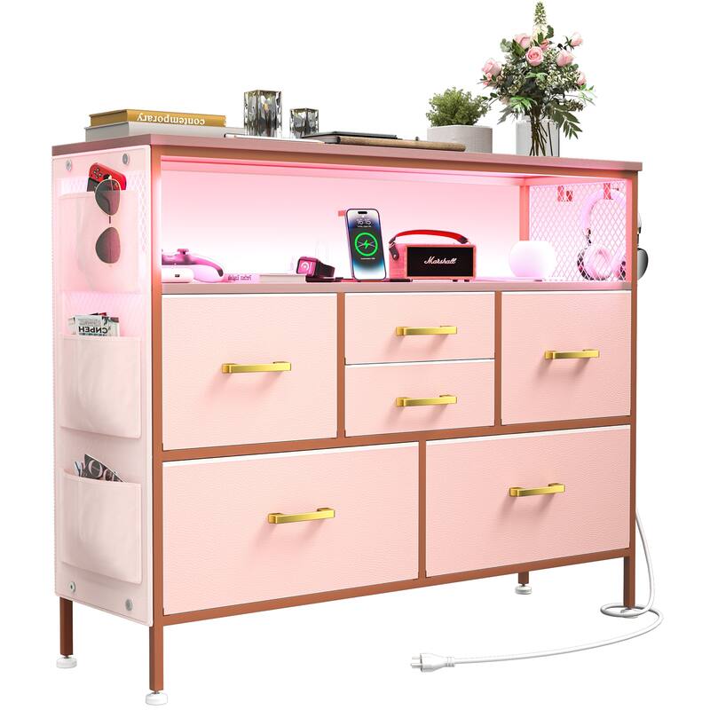 Dresser for Bedroom TV Stand with Power Outlets and LED Light, 6 Dresser with Shelves for 45" TV, PU Finish - Pink