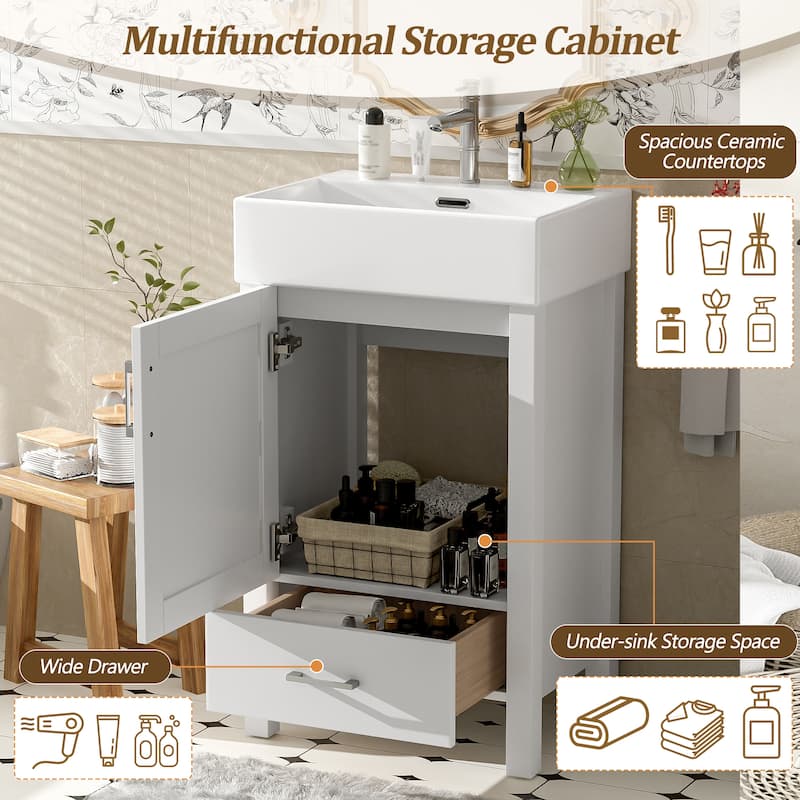 Small Bathroom Vanity 20 Inch with Sink, Solid Wood Cabinet, 1 Drawer 1 Door Storage, Freestanding, Modern Design