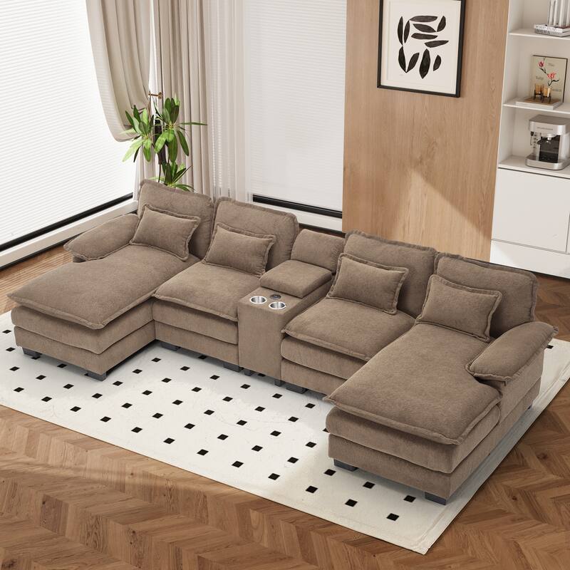 U-shaped Sectional Sofa Chenille Fabric Doudle Layer Cushion with USB Central Console