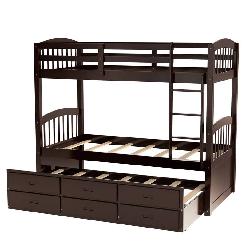 Twin over Twin MDF Wood Bunk Bed Pullout Trundle Bed Convertible to 3