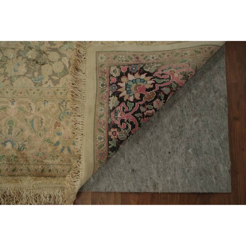 Hand Knotted Oriental Silk Carpet Traditional Floral Beige & Ivories Kashmir Area Rug - 7' 4'' X 6' 11''