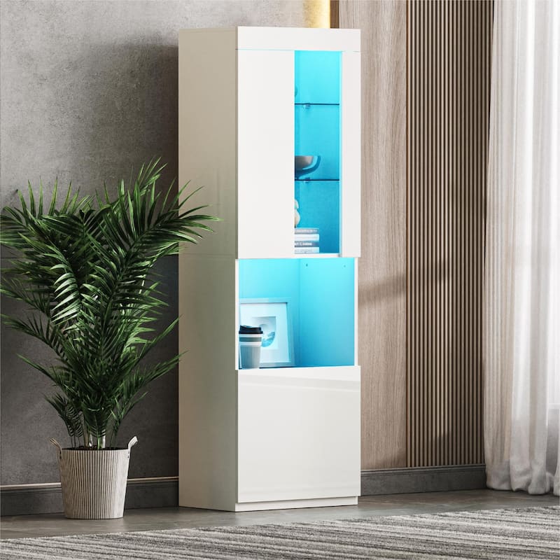 Roomfitters 67" Tall High Gloss Storage Cabinet, Modern Display with Acrylic Door and Tempered Glass Shelves - White