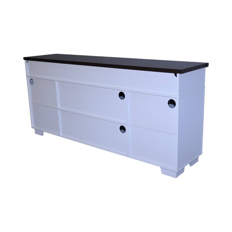 Country Style TV Stand LED TV Stand with Lron Mesh Barn Door and Y Decorative Strip, for Living Rooms, White+Walnut