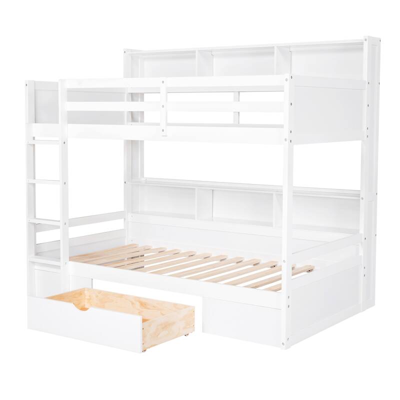 White Twin Bunk Bed with Storage Shelves and Large Under-Bed Drawer, No Box Spring Needed