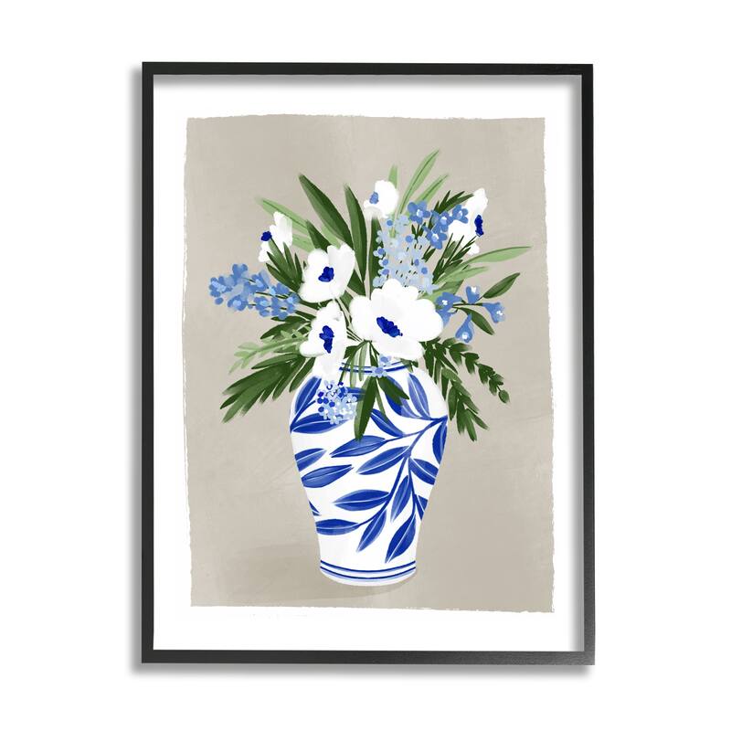 Stupell White Poppies Flower Leaves Traditional Chinoiserie Pattern Vase Framed Wall Art,Design by Doodles.Ink. - Blue - 16 x 20 - Black