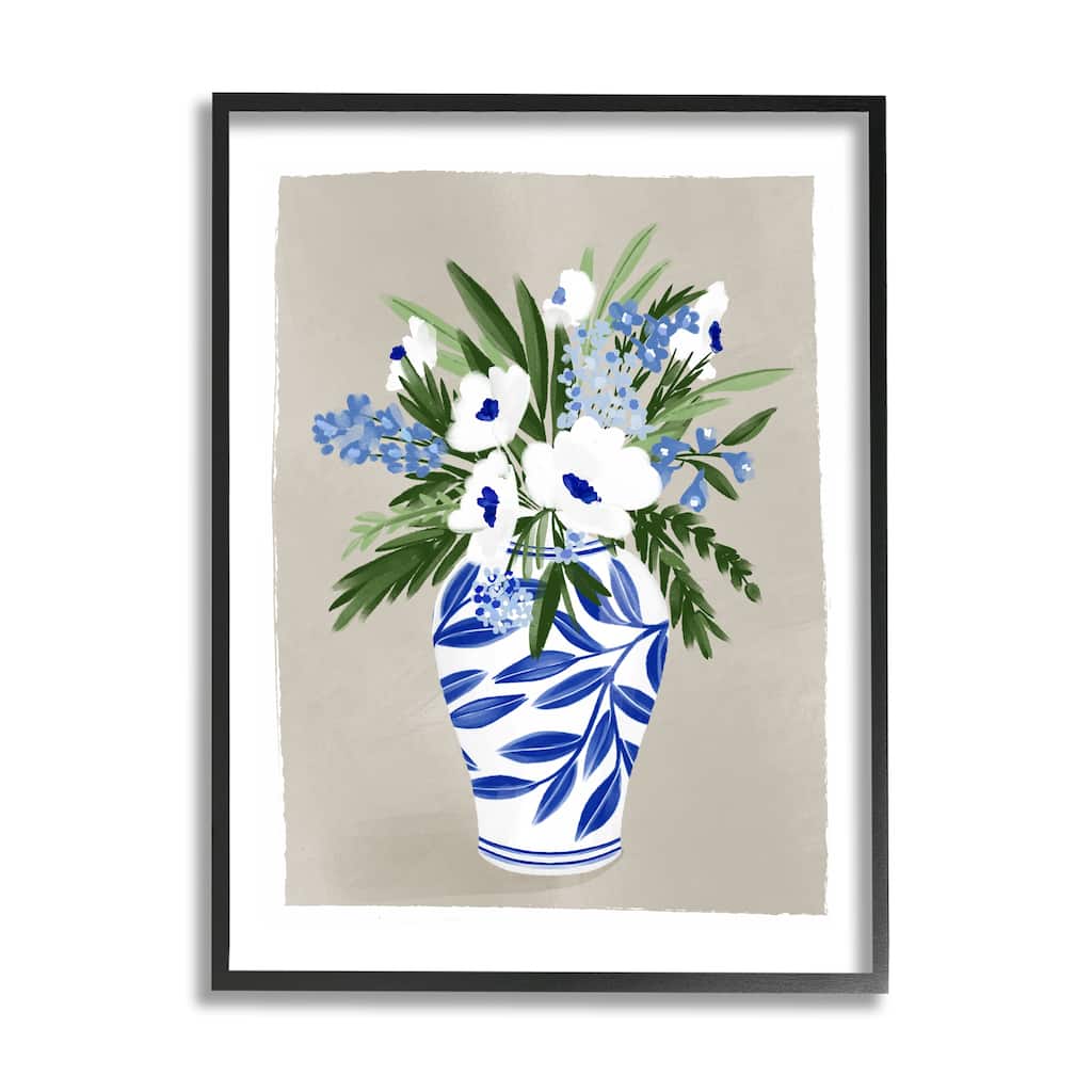 Stupell White Poppies Flower Leaves Traditional Chinoiserie Pattern Vase Framed Wall Art,Design by Doodles.Ink. - Blue