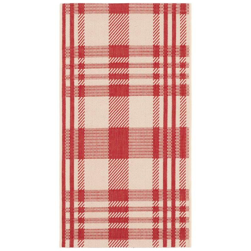SAFAVIEH Courtyard Oriole Plaid Indoor/ Outdoor Waterproof Patio Backyard. - 2' x 3'7" - Red/Bone