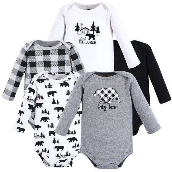 slide 1 of 1, Hudson Baby Infant Boy Cotton Long-Sleeve Bodysuits, Baby Bear Gray Black 5-Pack 0-3 Months - Baby Bear Gray Black 5-Pack