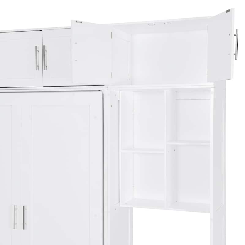 Space-Saving Queen Murphy Bed with Desk, Storage Shelves and Top Cabinets, Foldable Wall Bed in White