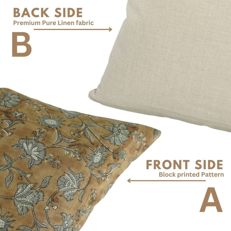 Fabdivine Block Print 12x20 Inch Pillow Cover Pure Linen Floral Farmhouse Decor Accent for Brown Soft, Cushion Case, Kanak Buti