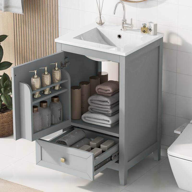 Compact 20" Bathroom Vanity with Sink, Soft Closing Door, Storage Rack & Drawer, Modern MDF Cabinet