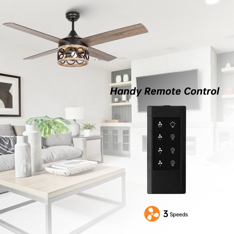 52" Black Reversible Downrod Ceiling Fan with Light Kit and Remote