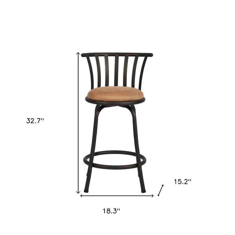 Modern Brown Microfiber Swivel Bar Stools (Set of 2) with Low Back, Black Metal Frame & Footrest