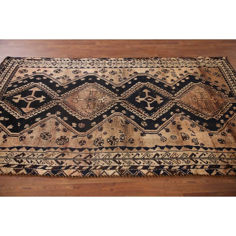Hand Knotted Oriental 100% Wool Carpet Traditional Tribal Black Qashqai Area Rug - 7' 8'' X 4' 4''