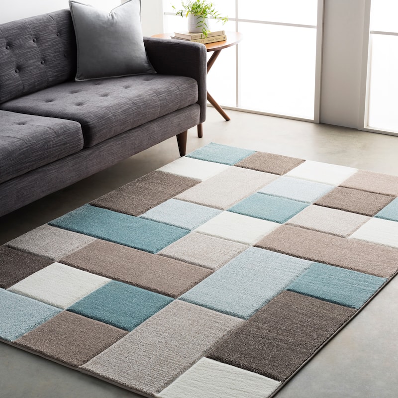 Modern Geometric Carved Blue and Grey Runner Rug - 2' 7" x 7' 6" - Aqua - 2' 7" x 7' 6"
