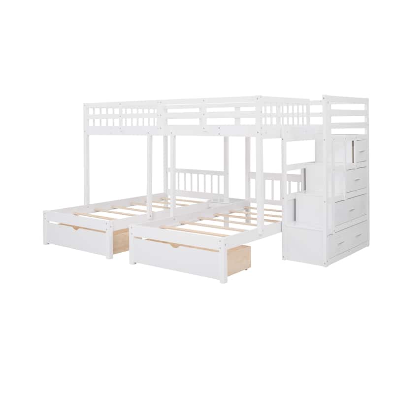 Roomfitters Full Over Twin & Twin Wood Triple Bunk Bed with Drawers and Guardrails
