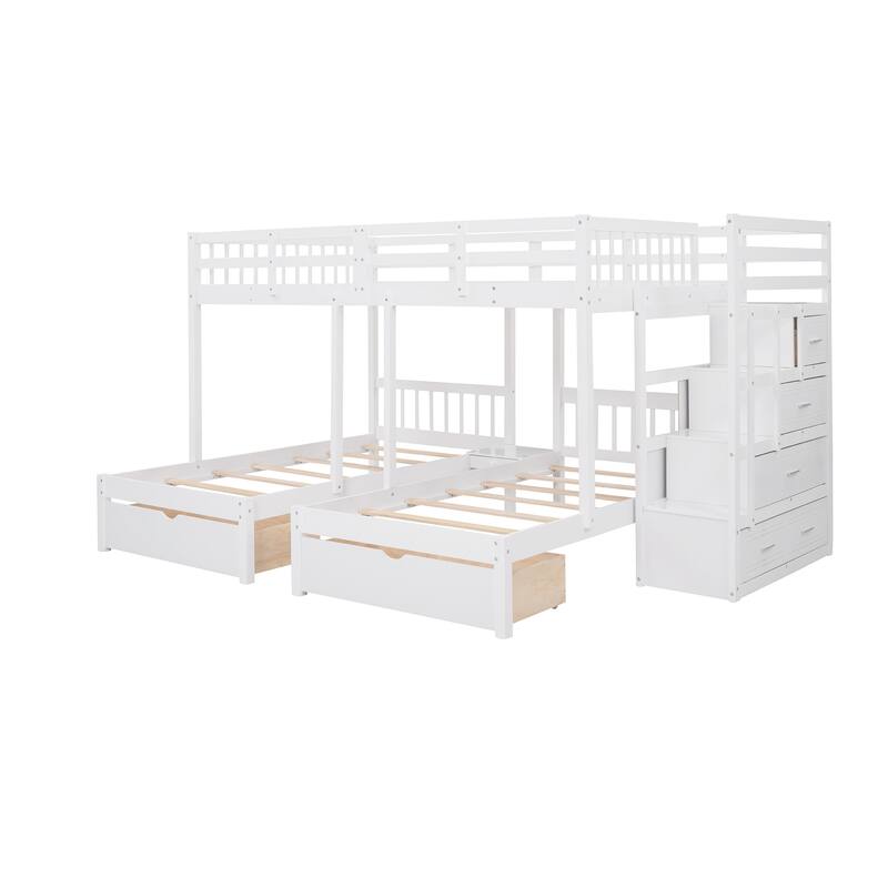 White Wood Triple Bunk Bed with Drawers - Full Over Twin & Twin, Space-Saving Design