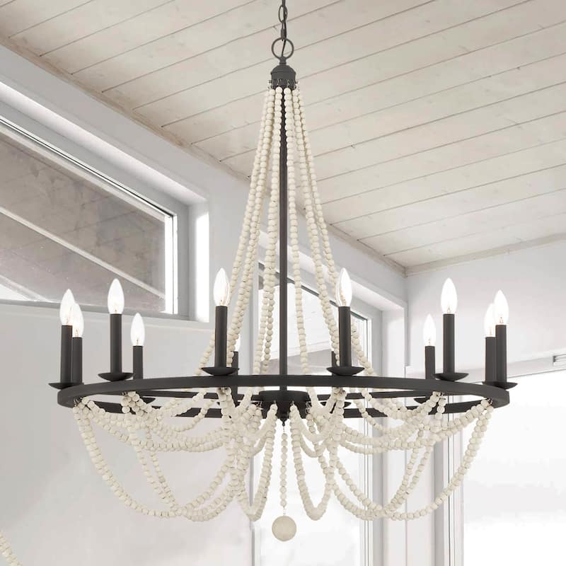 Fidenza 12-light Empire Farmhouse Solid Wood Beaded Chandelier with UL Certified - 37 inches