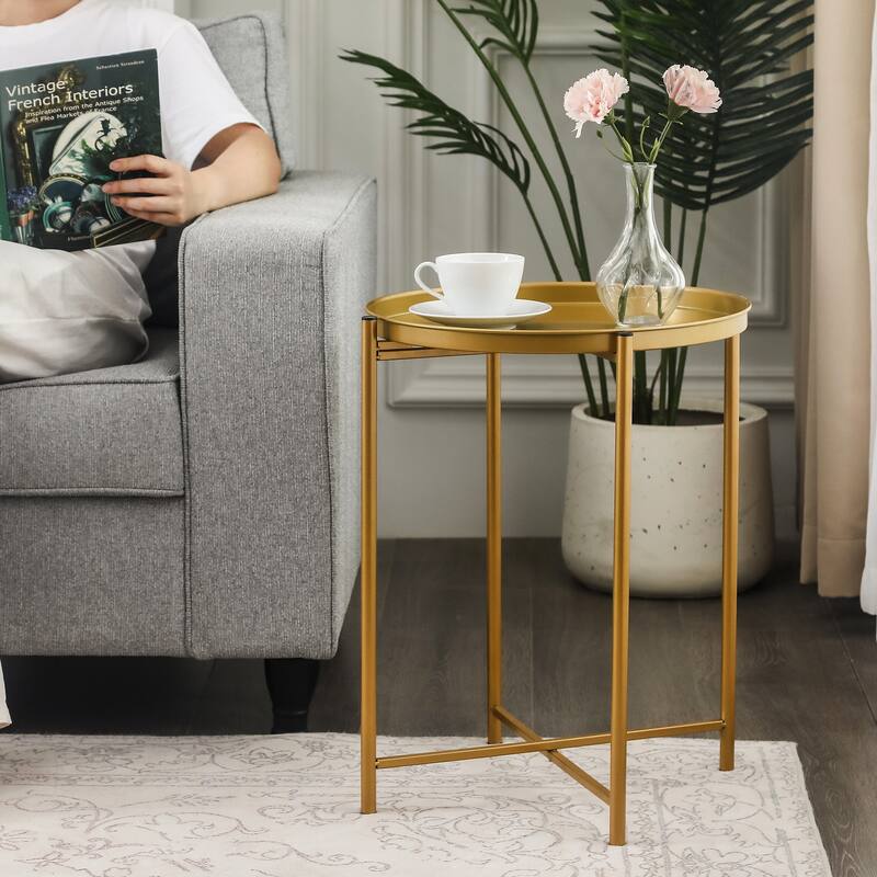 Adeco Gold End Table Metal Waterproof Snack Beside Table Accent Coffee Table - 16.9""(D)x 16.9""(W)x 20.5""(H)