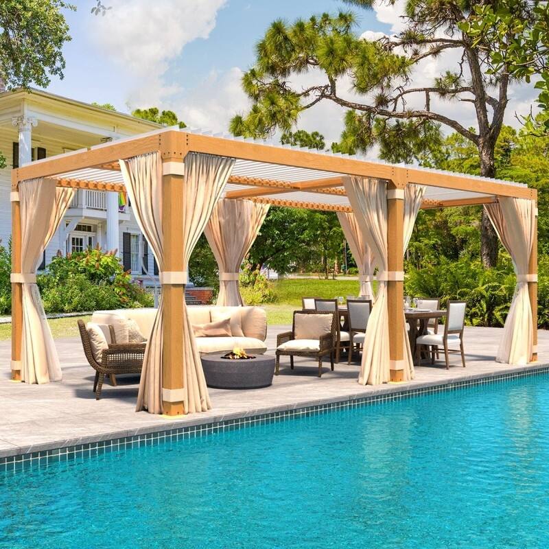 Erommy Outdoor Louvered Pergola Gazebo with Adjustable Aluminum Rainproof Roof and Pull-Down Screen - 10'x20' - Wood