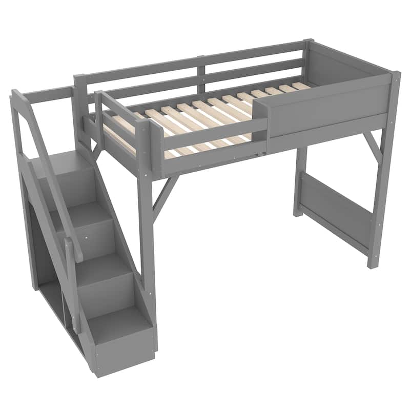 Full/Twin Loft Bed with Built-in Wardrobe, Storage & Stairs - Solid Wood, Full-Length Guardrails, No Box Spring