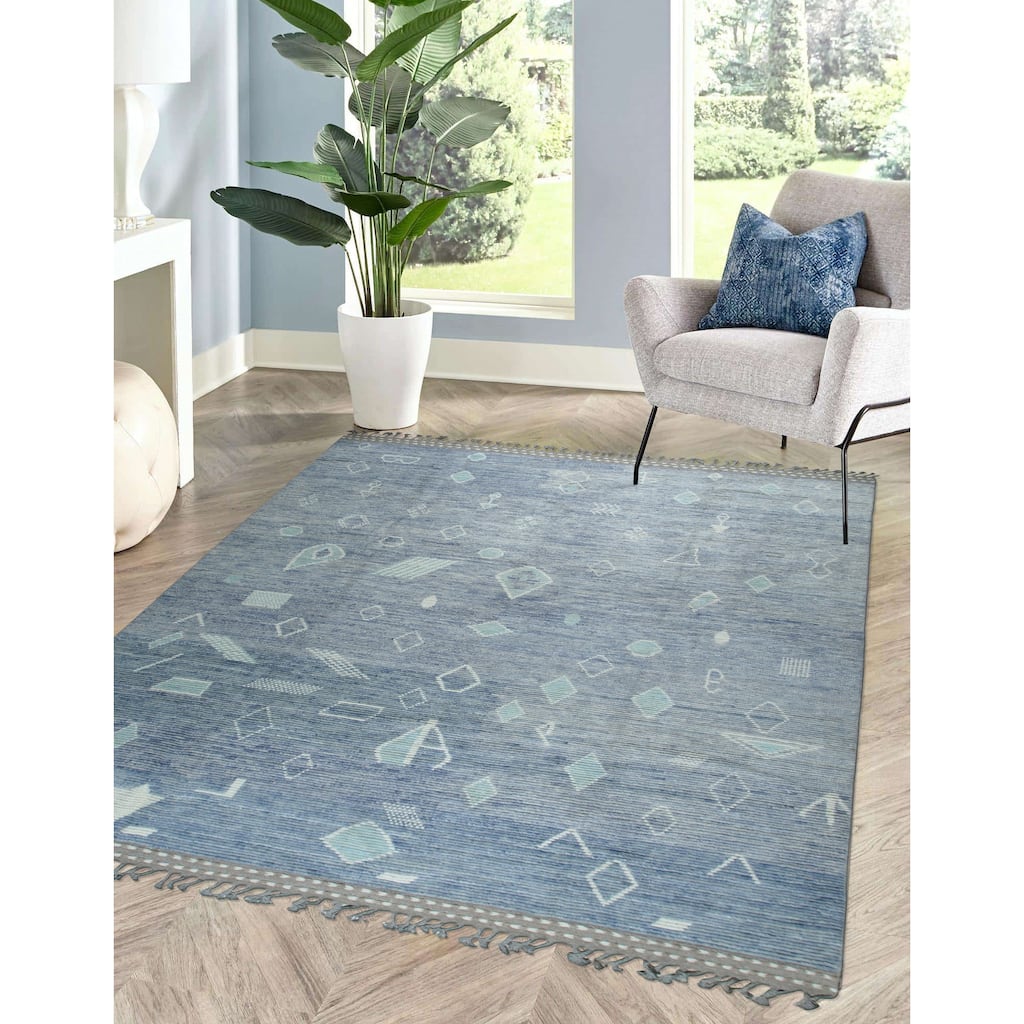 Home Decor Blue Hand-Knotted Wool Contemporary Shapes Marrakech Handspun Area Rug. Elegant and Stylish Rug for Living Room