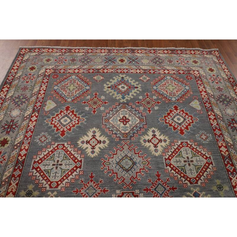 Oriental Geometric Kazak Area Rug Hand-Knotted Wool Carpet - 6'10" x 9'11"