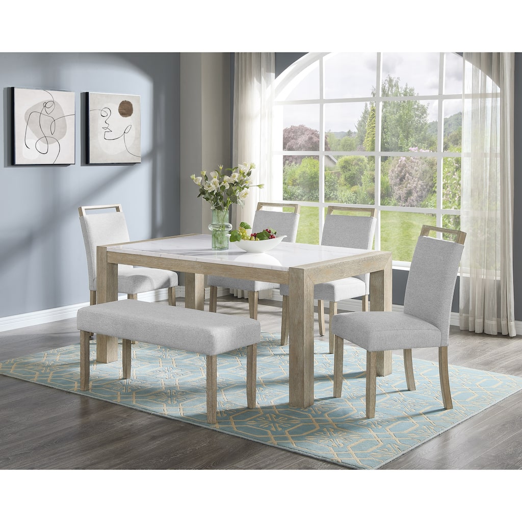 6 Piece Dining Table Chair Set, Wooden Furniture Set with Marble Stone Rectangular Table, 4 Upholstered Chairs and Bench