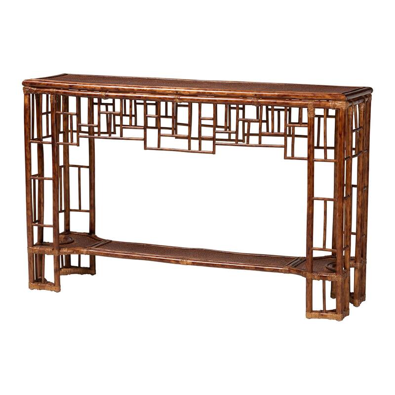 Tahlia Marbled Tortoise Natural Rattan Console Table - Handcrafted Wicker Accent Table with Coastal Boho Style - Marbled Tortoise Brown