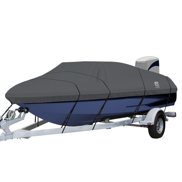StormPro Heavy Duty V-Hull Inboard/Outboard Cover with Support Pole. Opens flyout.