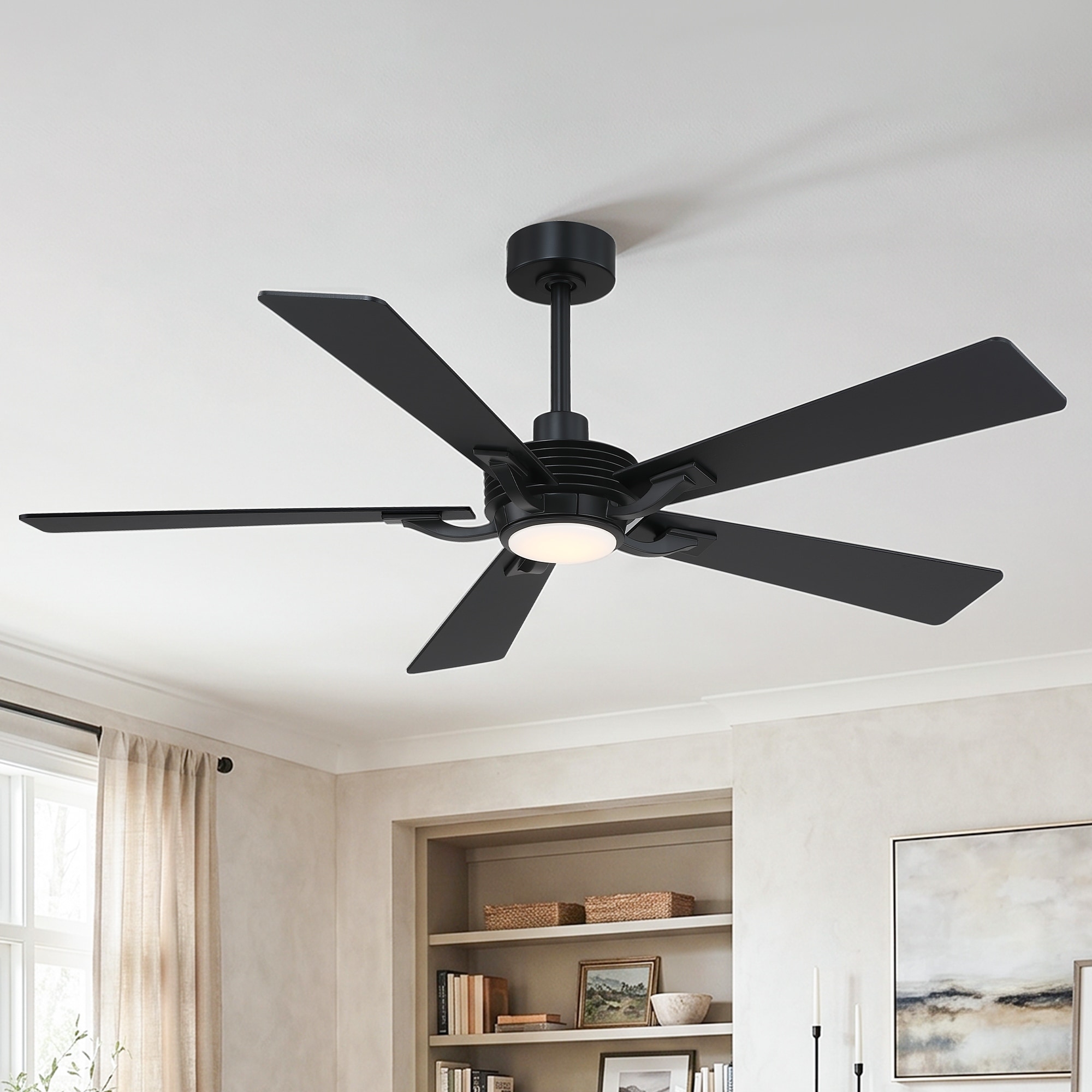 56" Modern Black Plywood 5-Blade Dimmable LED Ceiling Fan with Light and Remote