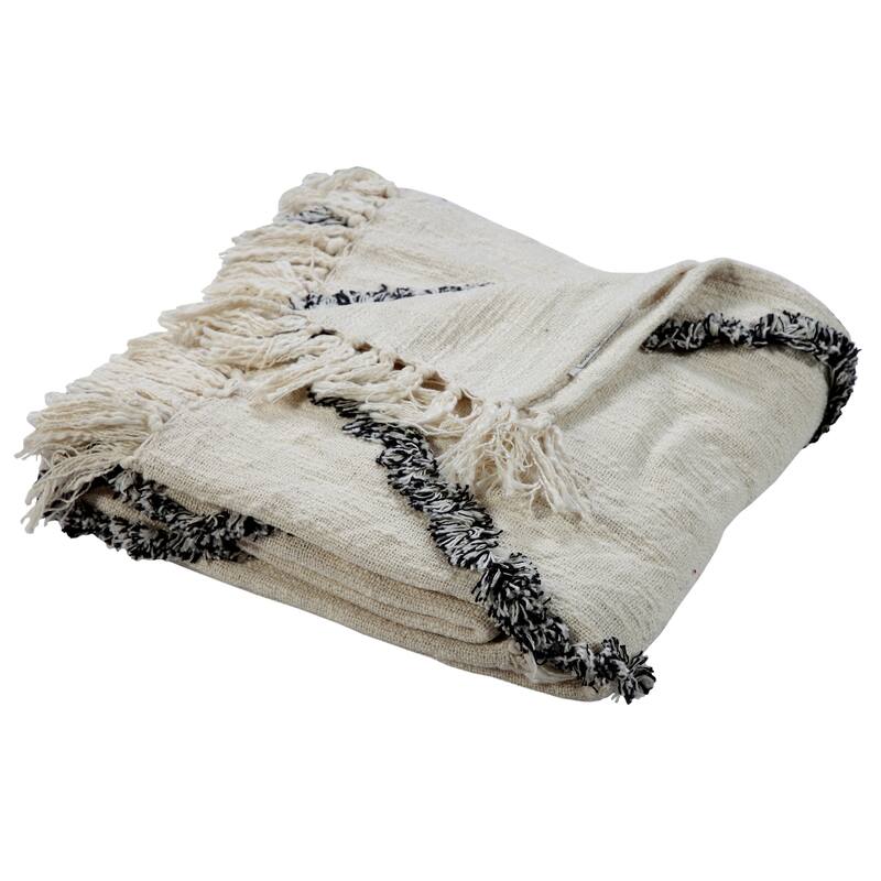 Sevita Crossed Over Charcoal and Ivory Fringed Cotton Standard Size Throw Blanket
