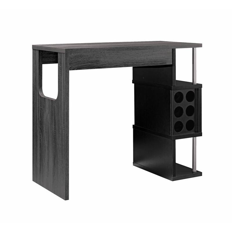 Home Bar Table with Wine Glass Compartment and Three Shelves, Grey and Black