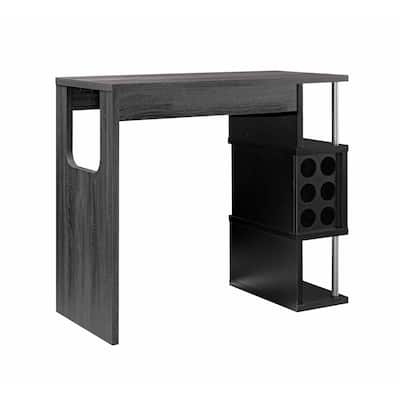Home Bar Table with Wine Glass Compartment and Three Shelves, Grey and Black