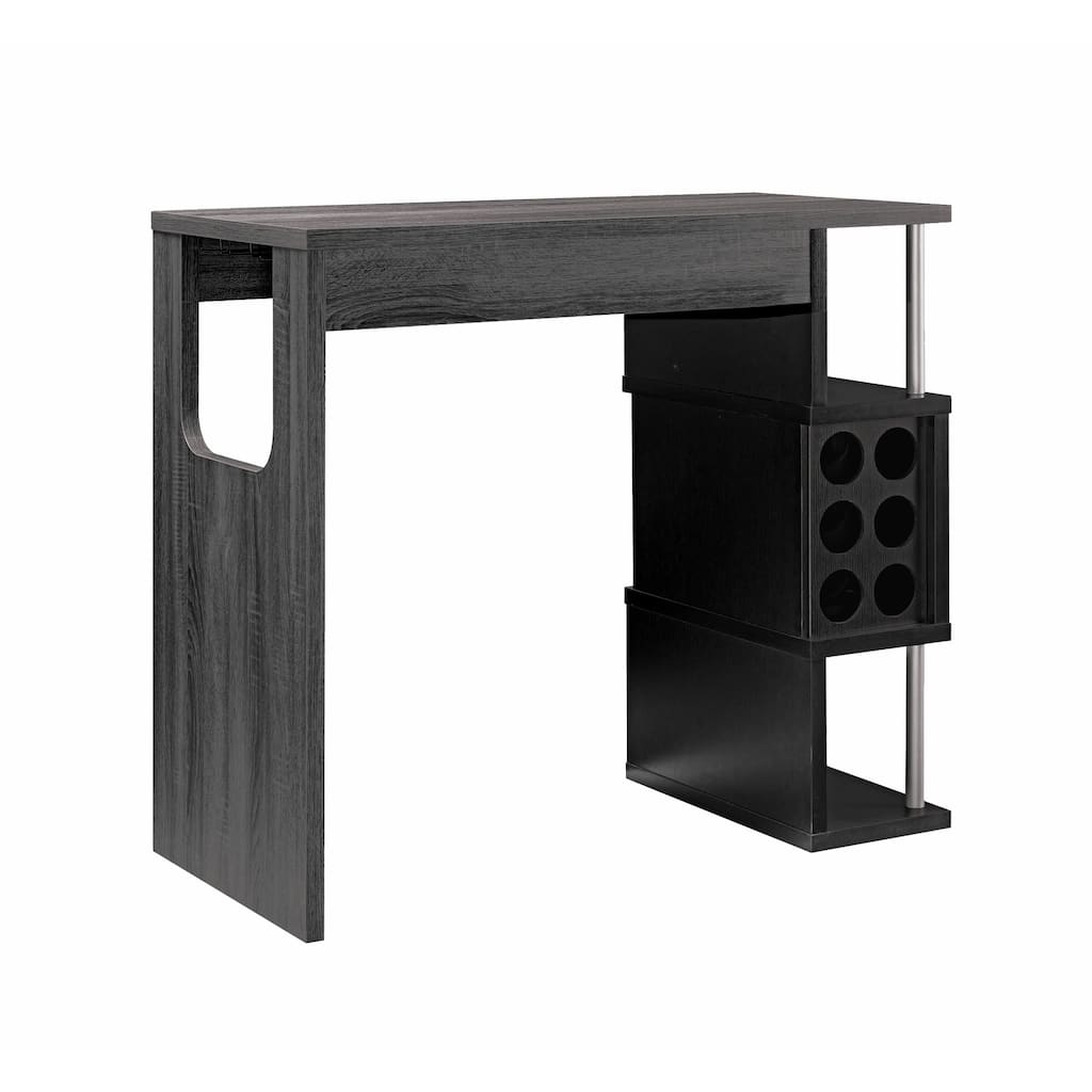 Home Bar Table with Wine Glass Compartment and Three Shelves, Grey and Black