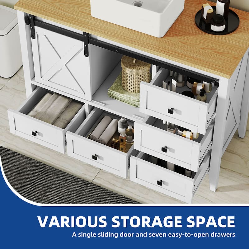 Moasis 48" Farmhouse Bathroom Vanity Cabinet with Ceramic Sink Basin and Sliding-Door Cabinet & 7 Drawers