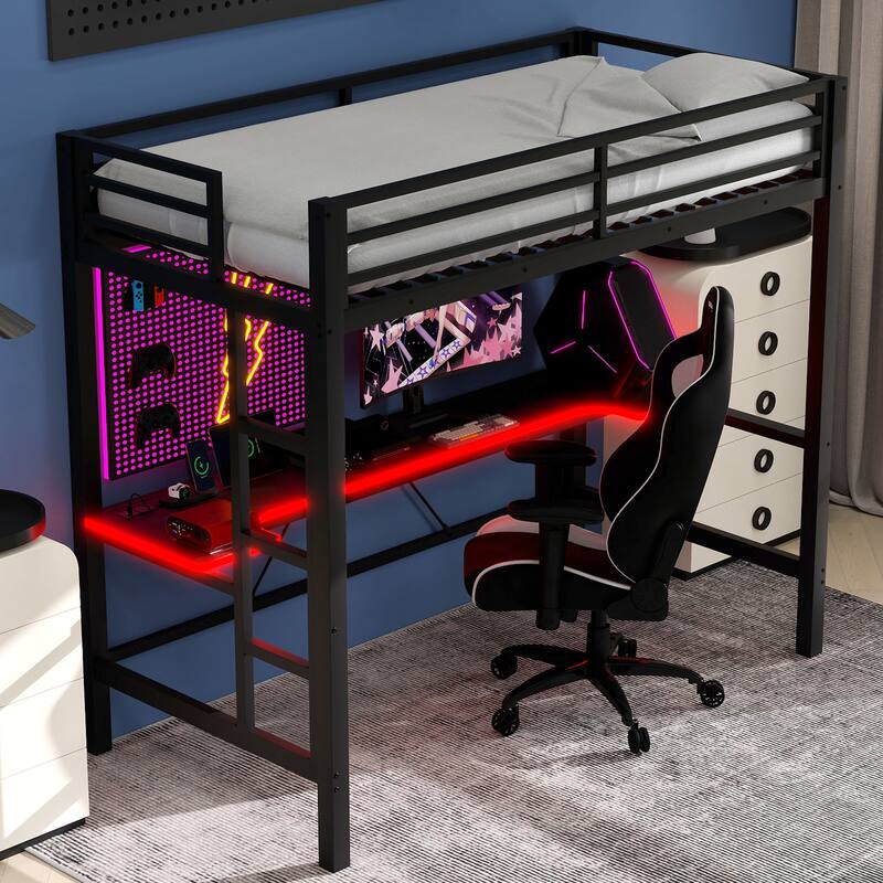 Twin Size Gaming Metal Loft Bed Frame with LED Light, USB Charge Station and Desk