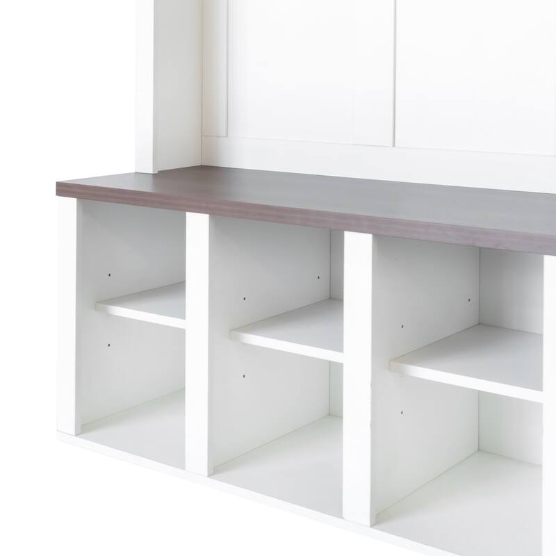 Farmhouse-Inspired Hall Tree with 6 Hooks and Adjustable Shelves, Multi-functional Shoe Cabinet and Bench
