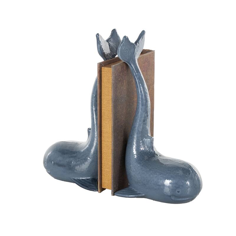 Blue Metal Dolphin Decorative Bookends with Raised Tails (Set of 2) - 4"W x 5"L x 10"H